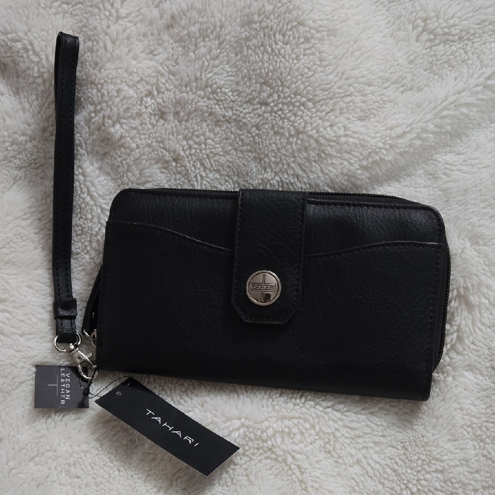 Tahari Black Vegan Leather Wristlet Clutch